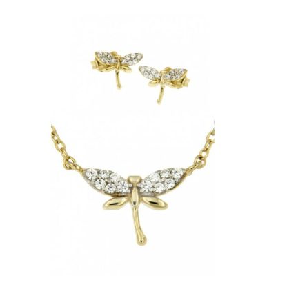 14 karaat gouden collier  of oorstekers met Libelle en Zirconia's - Afbeelding 4