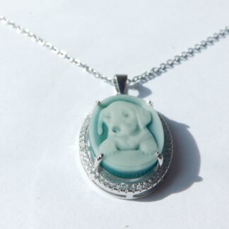 Elegante zilveren hanger - Camee Puppy - Groene Agaat - Zirconia's - met zilver collier