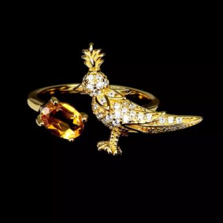 Hetty'S - Unieke - goldplated zilveren - ring - met vogel ( kuifmees) en edelstenen.