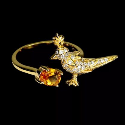 Hetty'S - Unieke - goldplated zilveren - ring - met vogel ( kuifmees) en edelstenen. - Afbeelding 2