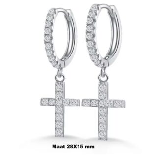 Lieve Kleine Oorringen met Kruisje – 925 Zilver – Moissaniet Edelstenen – Inclusief Certificaat – 28 x 15 mm Merk: Hetty'S